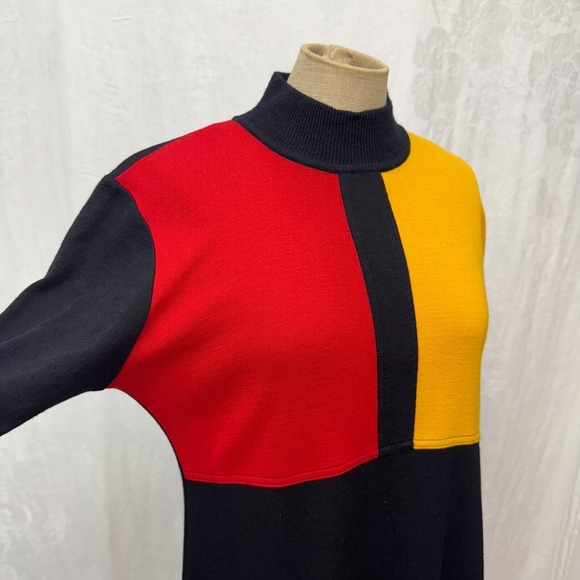 Vintage 90s‎ Karin Stevens M Black Knit Dress Yellow Red Mondrian Colorblock Mod - Picture 3 of 16